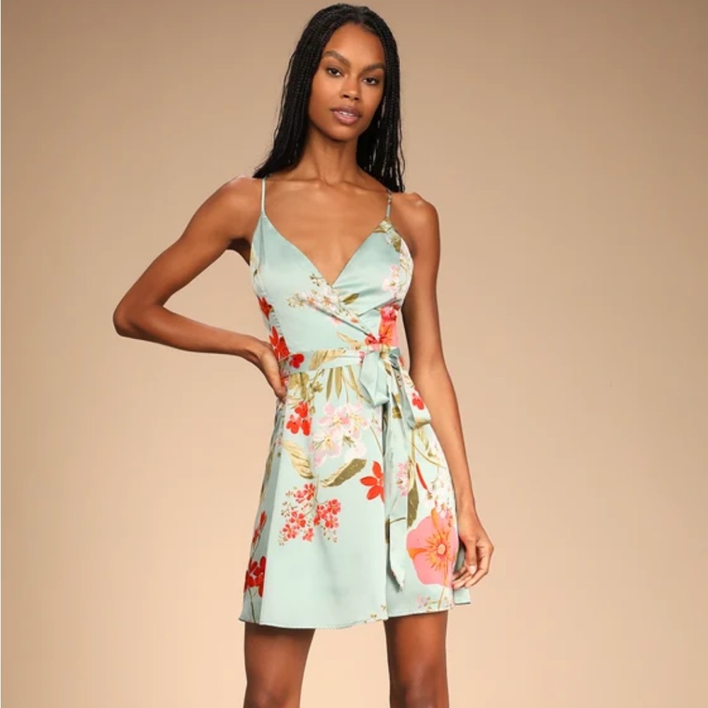 Lulus Seafoam Floral Satin Dress